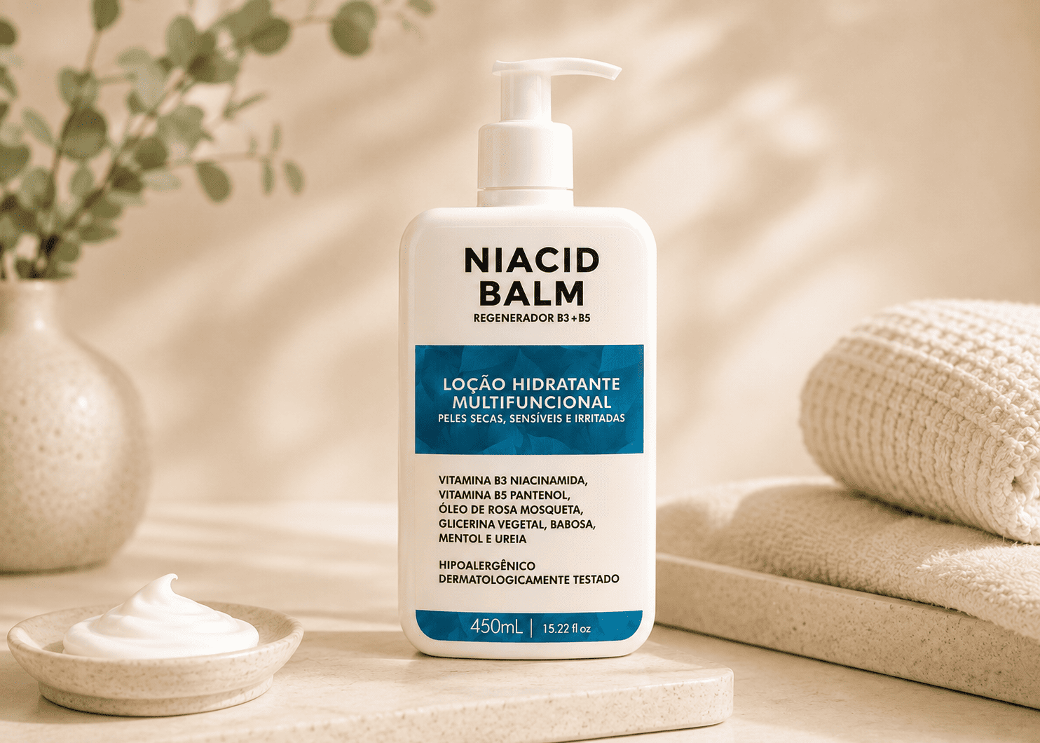 Lo&ccedil;&atilde;o Niacid Balm e ativos em composi&ccedil;&atilde;o editorial